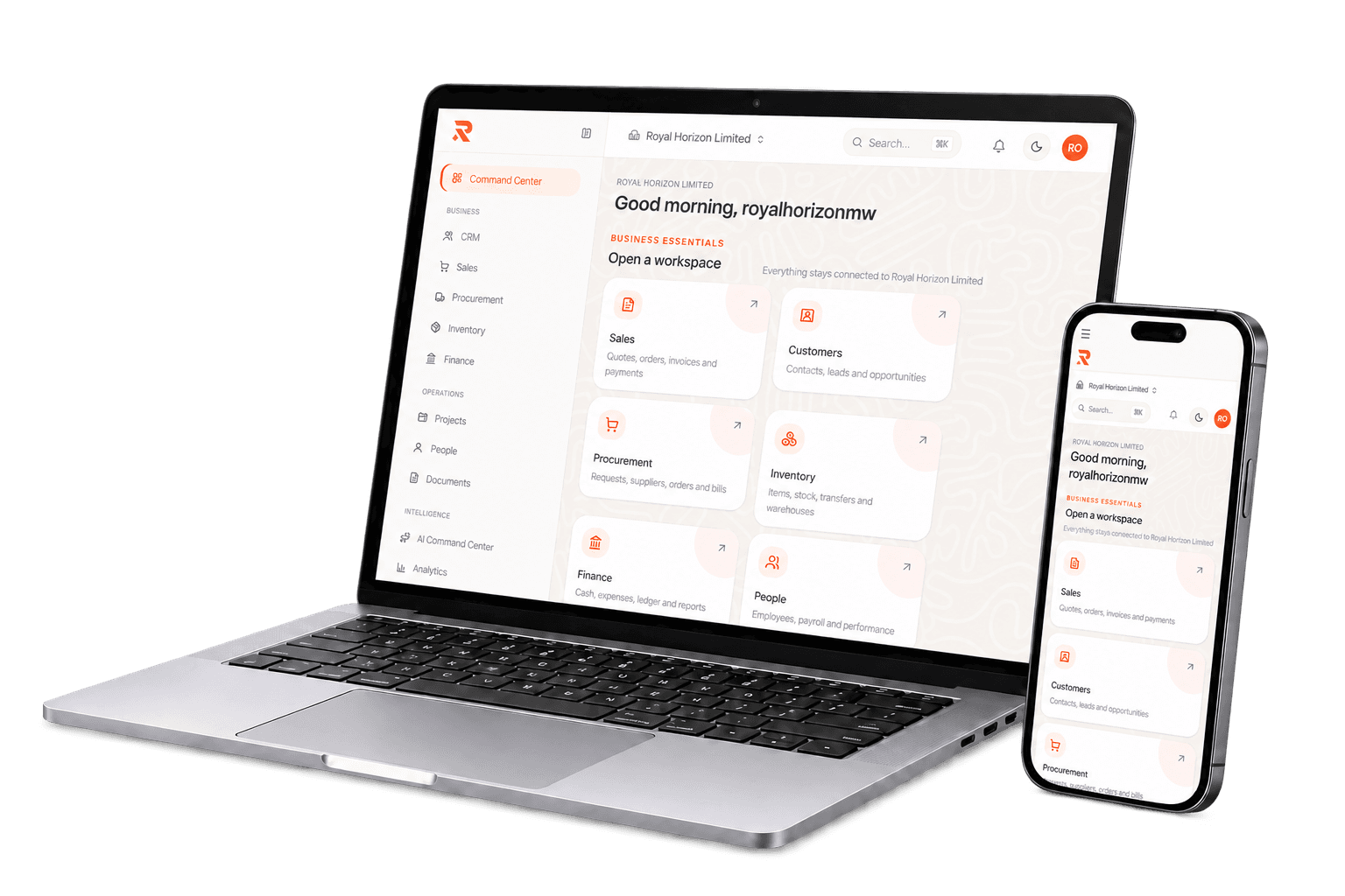 The real Royal Horizon Business OS Command Center displayed on a premium laptop and smartphone